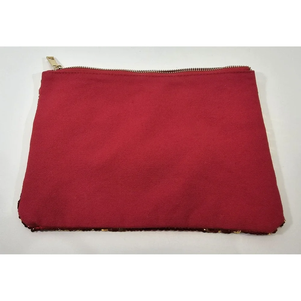 8 Oka Lane‎ Naughty & Nice Sequined Red Gold Clutch Makeup Travel Bag EUC
